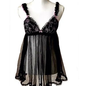 Betsey Johnson Intimate Small Sheer Babydoll Black Pink Lingerie Nighty Ruffle